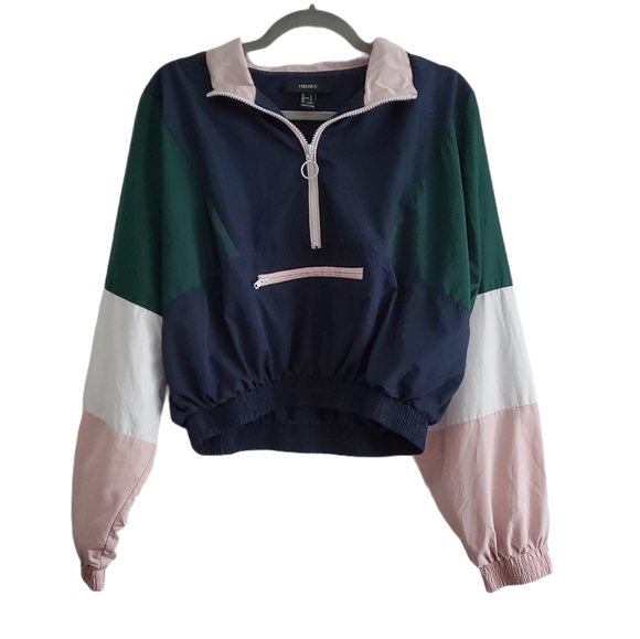 Forever 21 Tops - Forever 21 Cropped Colorblock Half Zip Windbreaker Jacket Pullover Pink Green